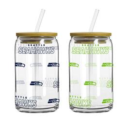Logo Brands - Seattle Seahawks 16oz. Step And Repeat Glass Can with Lid & Straw 2-Pack - Multicolor