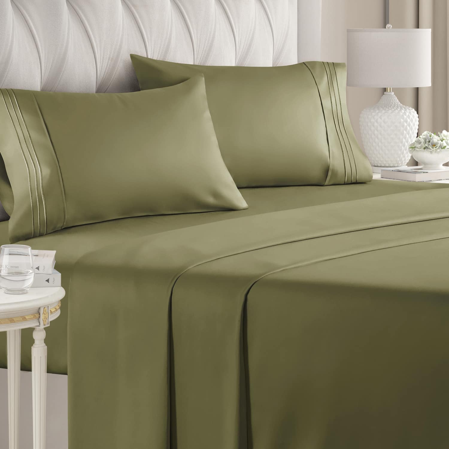 Front. CGK Linens - Luxury Soft 4 Piece Solid Bed Sheet Set - Deep Pocket Fits 8"-16" Mattresses - Queen - Sage Green.