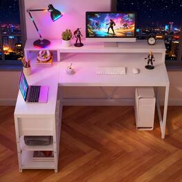 Tribesigns - L Shaped Desk with Drawers and Storage Shelves, Home Office L Corner Desk with Monitor Stand, 55" x 24" Desktop Computer - White