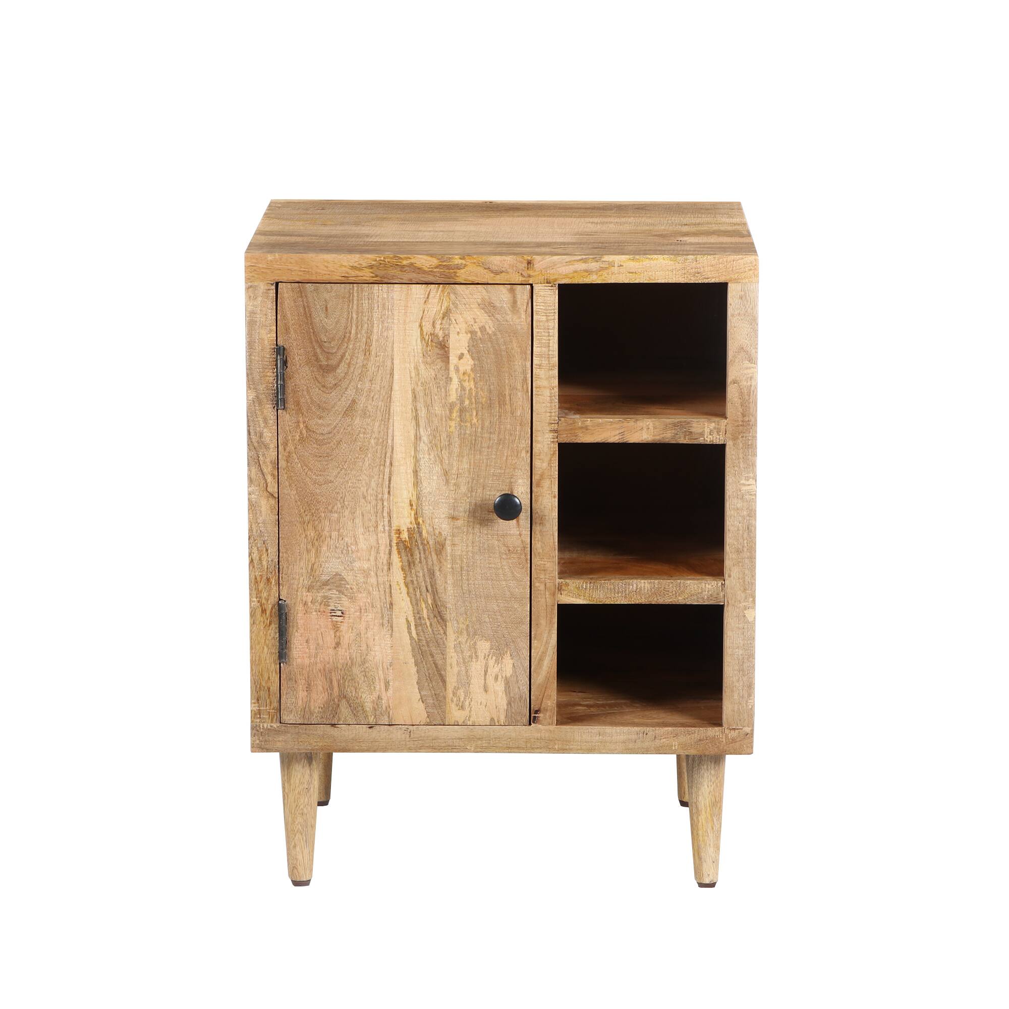 Alt View 1. Manhattan Lane - 27 Inch Mango Wood Side Table, Open Cubbies, 1 Door Cabinet - Brown.