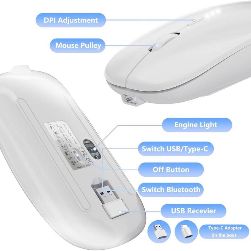 DPI Adjustment  
Mouse Pulley  
Engine Light  
Switch USB/Type-C  
Off Button  
Switch Bluetooth  
USB Receiver  
Type-C Adapter (in the box)