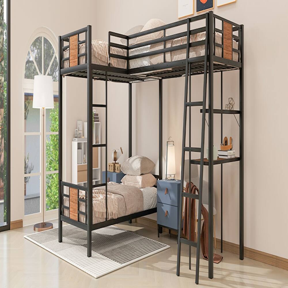 Alt View 3. Loheer - Loheer L-Shaped Twin Over Twin Bunk Bed with Loft Bed Desk and Shelves Black Metal - Black.