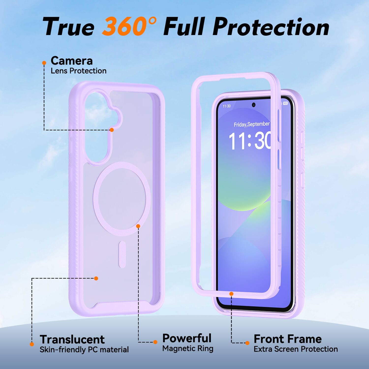 True 360° Full Protection

- Camera Lens Protection
- Translucent Skin-friendly PC material
- Powerful Magnetic Ring
- Front Frame Extra Screen Protection