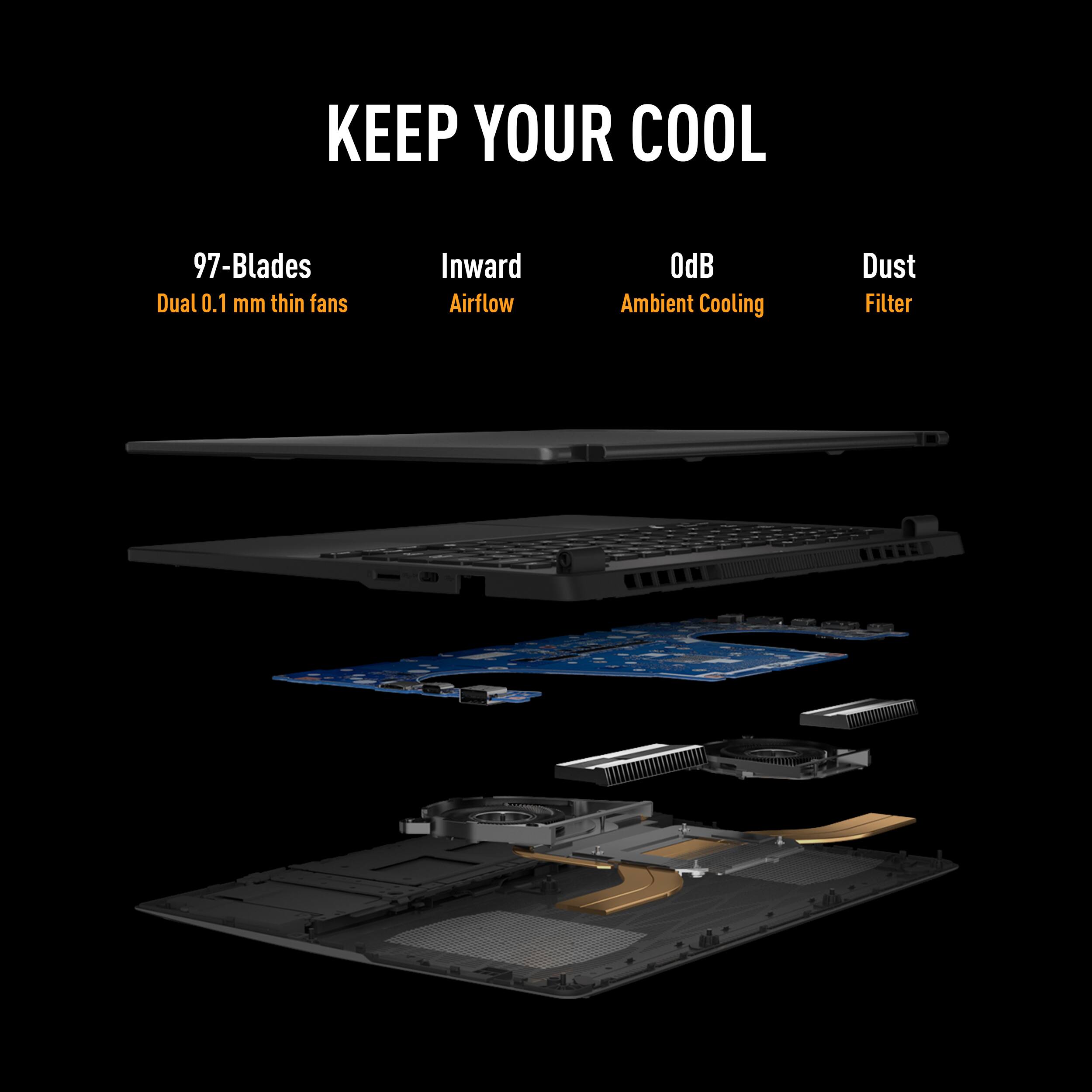 KEEP YOUR COOL

97-Blades  
Dual 0.1 mm thin fans

Inward Airflow

OdB Ambient Cooling

Dust Filter