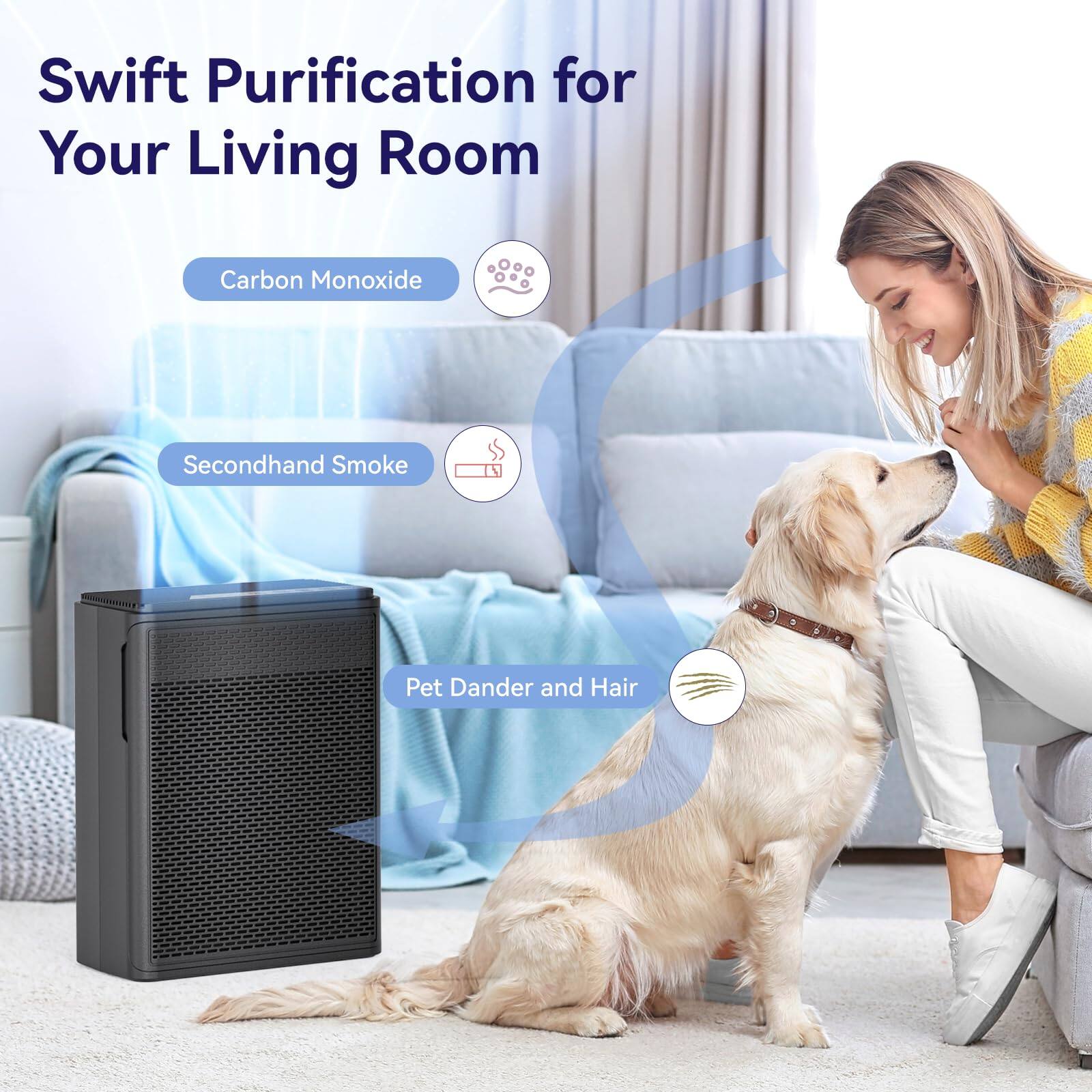 Swift Purification for Your Living Room

- Carbon Monoxide
- Secondhand Smoke
- Pet Dander and Hair