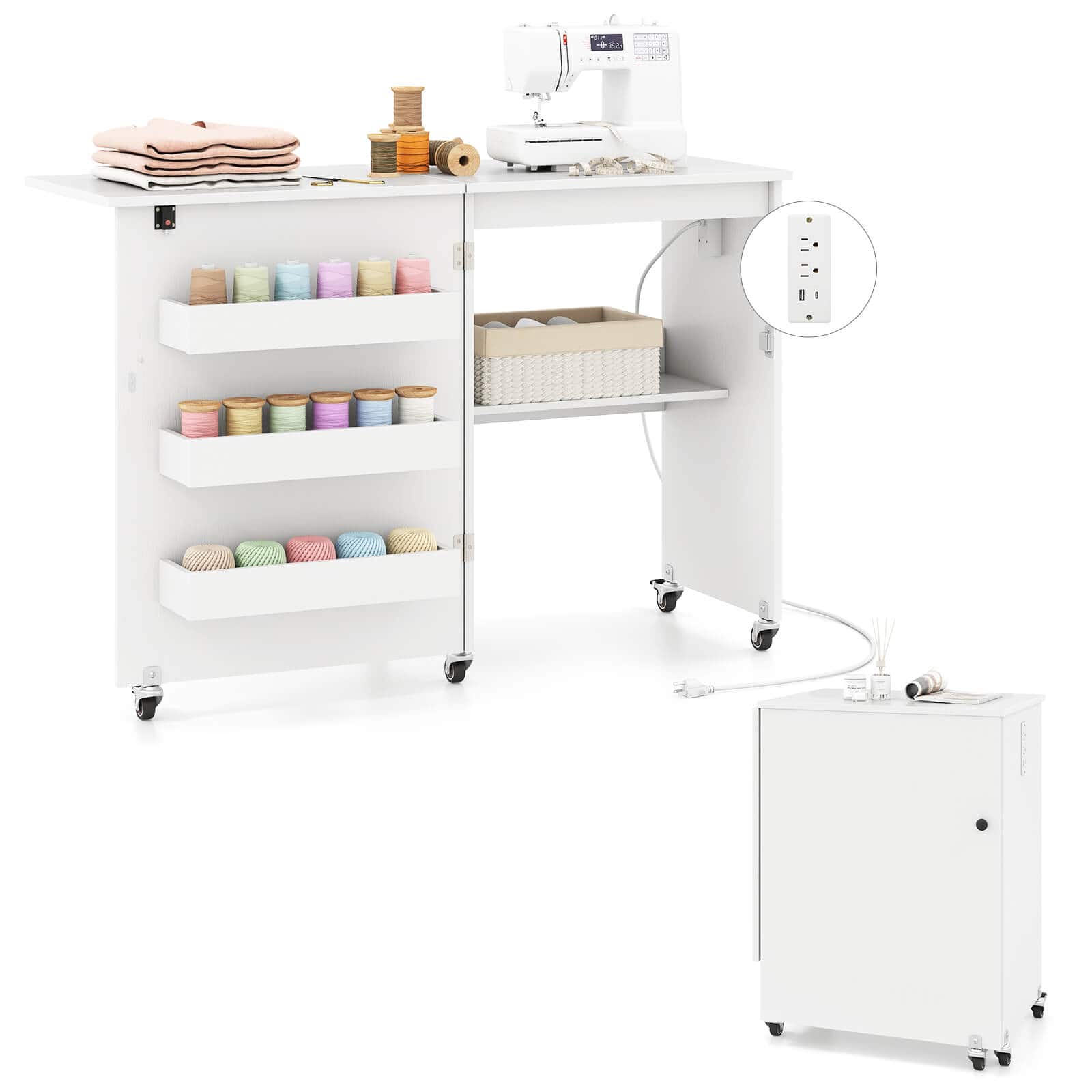 Costway - Folding Sewing Table Rolling Craft Station with 3 Storage Bins & Charging Station - Light White