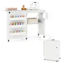 Costway - Folding Sewing Table Rolling Craft Station with 3 Storage Bins & Charging Station - Light White