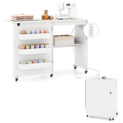 Front. Costway - Costway Folding Sewing Table Rolling Craft Station with 3 Storage Bins & Charging Station - Light White.