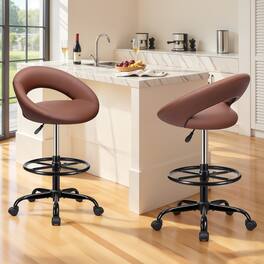 Brick Attic - 2pcs Drafting Chair with Back, Height Adjustable Rolling Stool with Foot Rest, Tall 360° Swivel Stool PU Leather Chair - Brown
