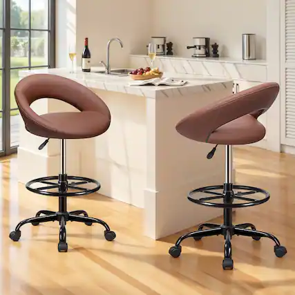Front. Brick Attic - 2pcs Drafting Office Chair, Height Adjustable Rolling Bar Stool with Foot Rest, Tall 360° Swivel Stool Leather Chair - Brown.