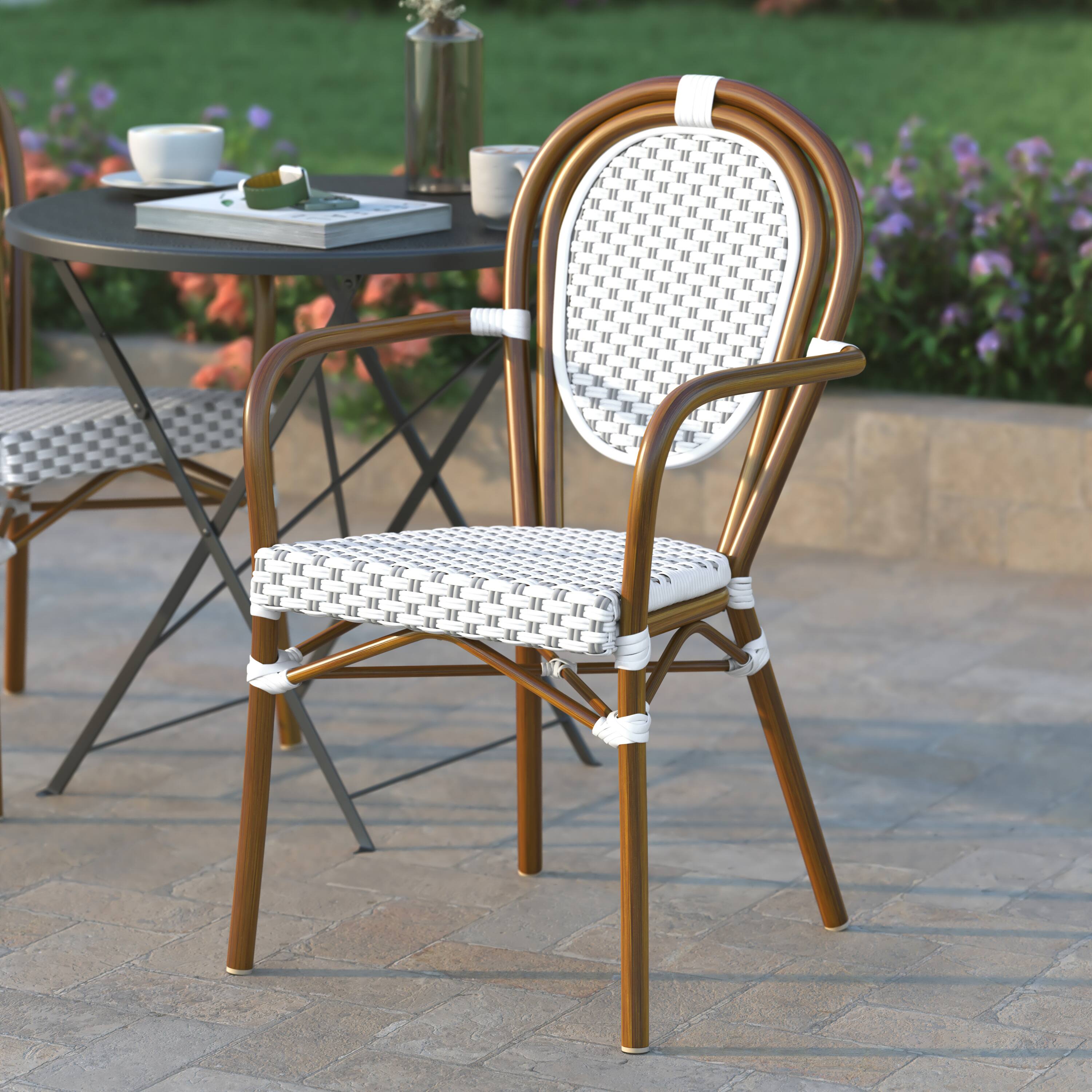 Alt View 3. Emma + Oliver - Colmar Indoor/Outdoor Stacking Thonet Bistro Style Chair with Arms, PE Rattan Seat and Finished Metal Frame - White & Gray/Natural Frame.
