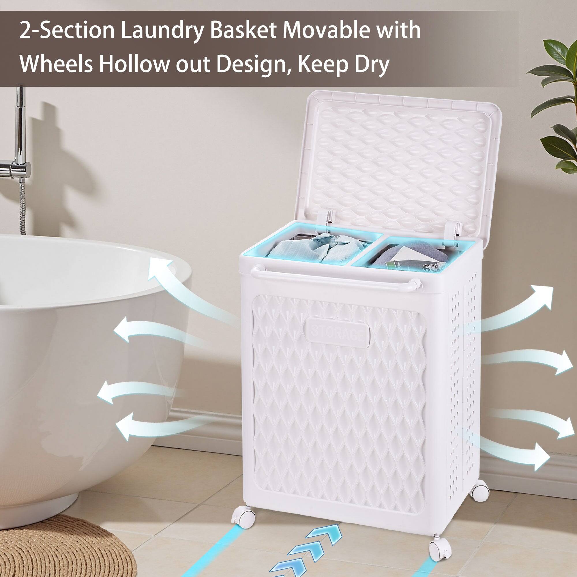 2-Section Laundry Basket Movable with Wheels Hollow out Design, Keep Dry