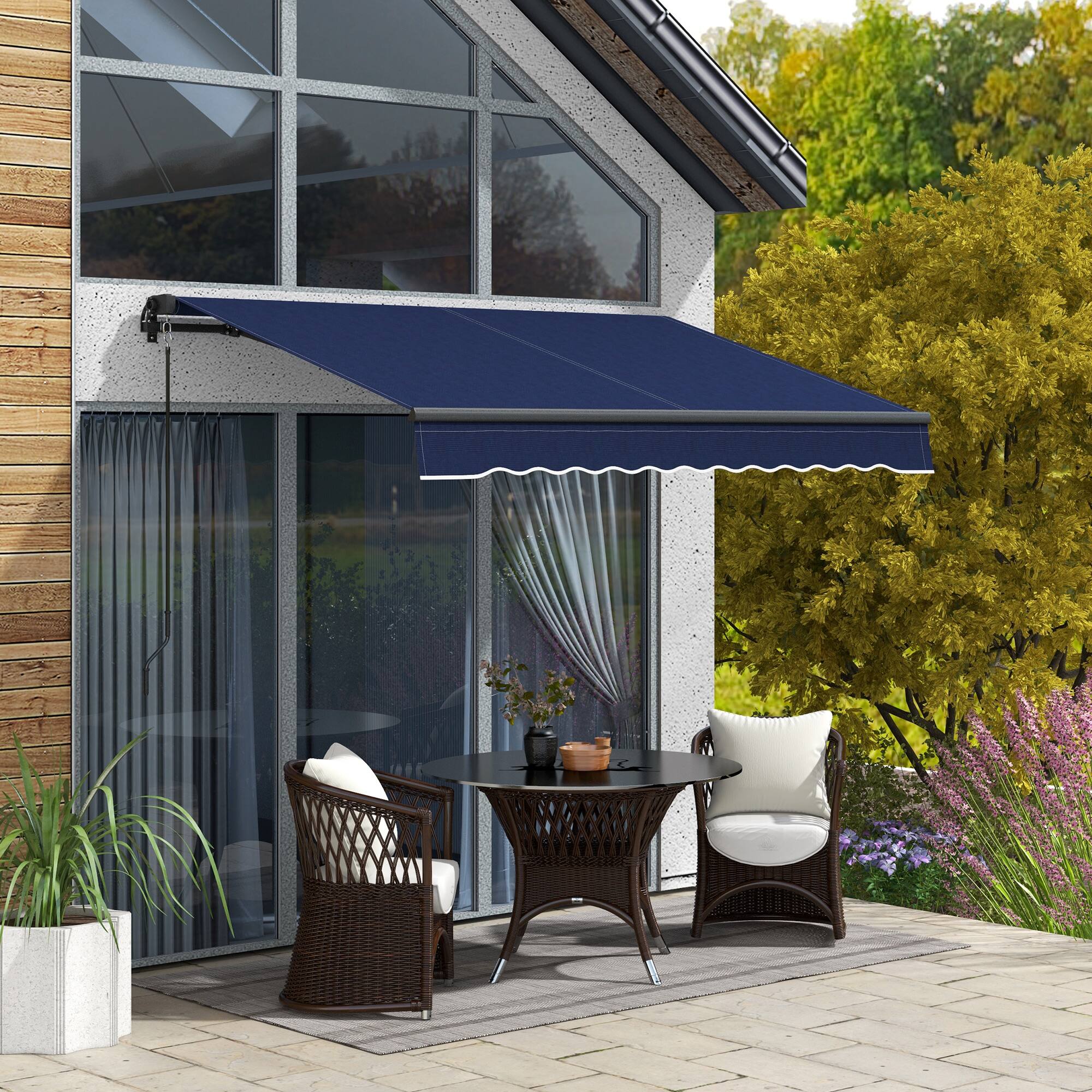 Angle. Outsunny - 8' x 6.5' Retractable Awning, Patio Awning Sunshade Shelter with Manual Crank Handle, 280gsm UV Resistant Fabric - Blue.