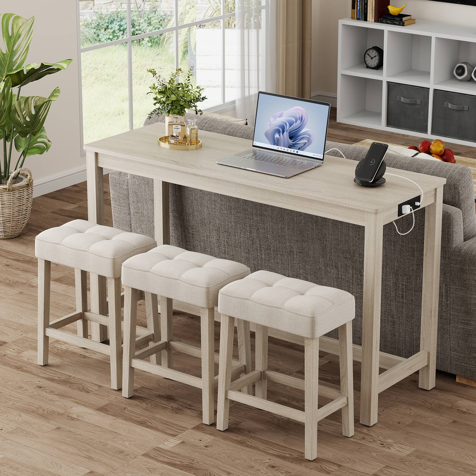 Alt View 3. Gymax - Gymax 4PCS Bar Table Set w/Charging Station 3 Padded Stools for Living Room Kitchen - Grey.