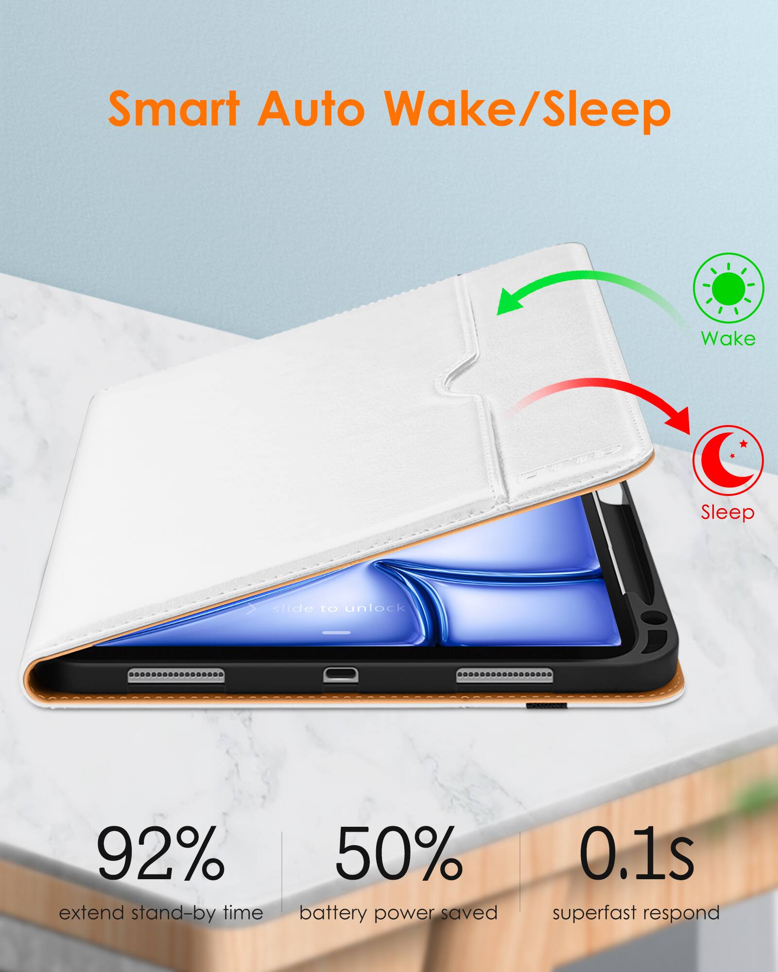 Smart Auto Wake/Sleep

- 92% extend stand-by time
- 50% battery power saved
- 0.1s superfast respond