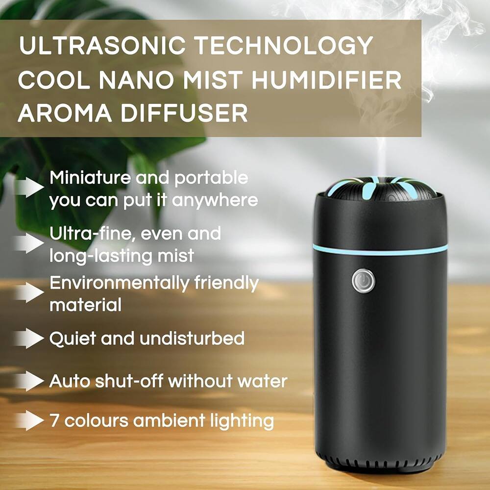 ULTRASONIC TECHNOLOGY COOL NANO MIST HUMIDIFIER AROMA DIFFUSER

- Miniature and portable, you can put it anywhere
- Ultra-fine, even and long-lasting mist
- Environmentally friendly material
- Quiet and undisturbed
- Auto shut-off without water
- 7 colours ambient lighting