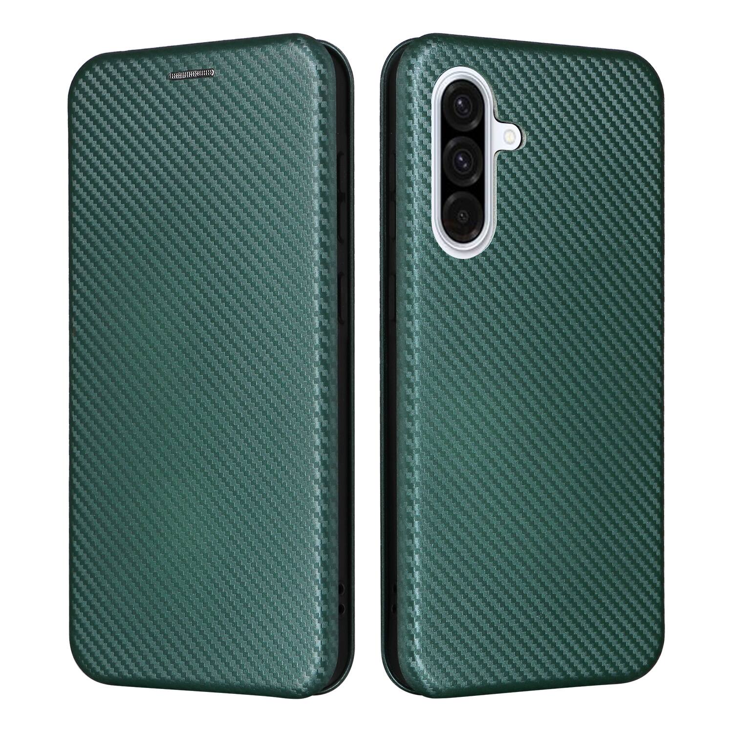 Angle. Dteck - Carbon Fiber Texture Folio Phone Case for Samsung Galaxy A36 5G,PU Leather Magnetic Closure Hidden Card Slot Flip Cover - Green.