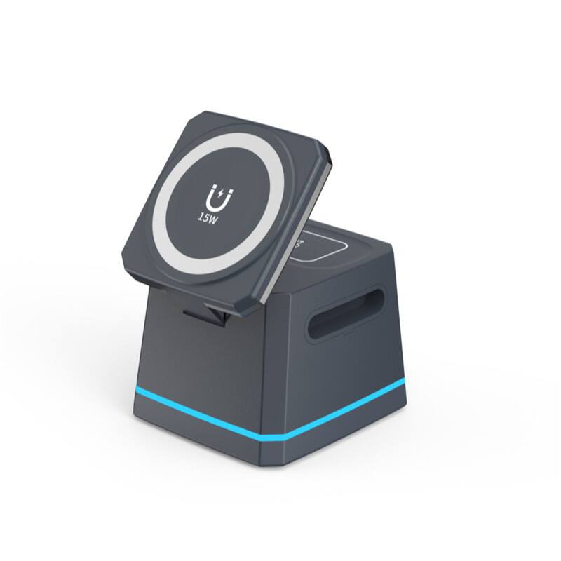 Front. RISOKEYS - Magnetic 3-in-1 Wireless Charger - Wireless Charging Station Compatible with Apple Phones, Watch, and Earphones - Gray.