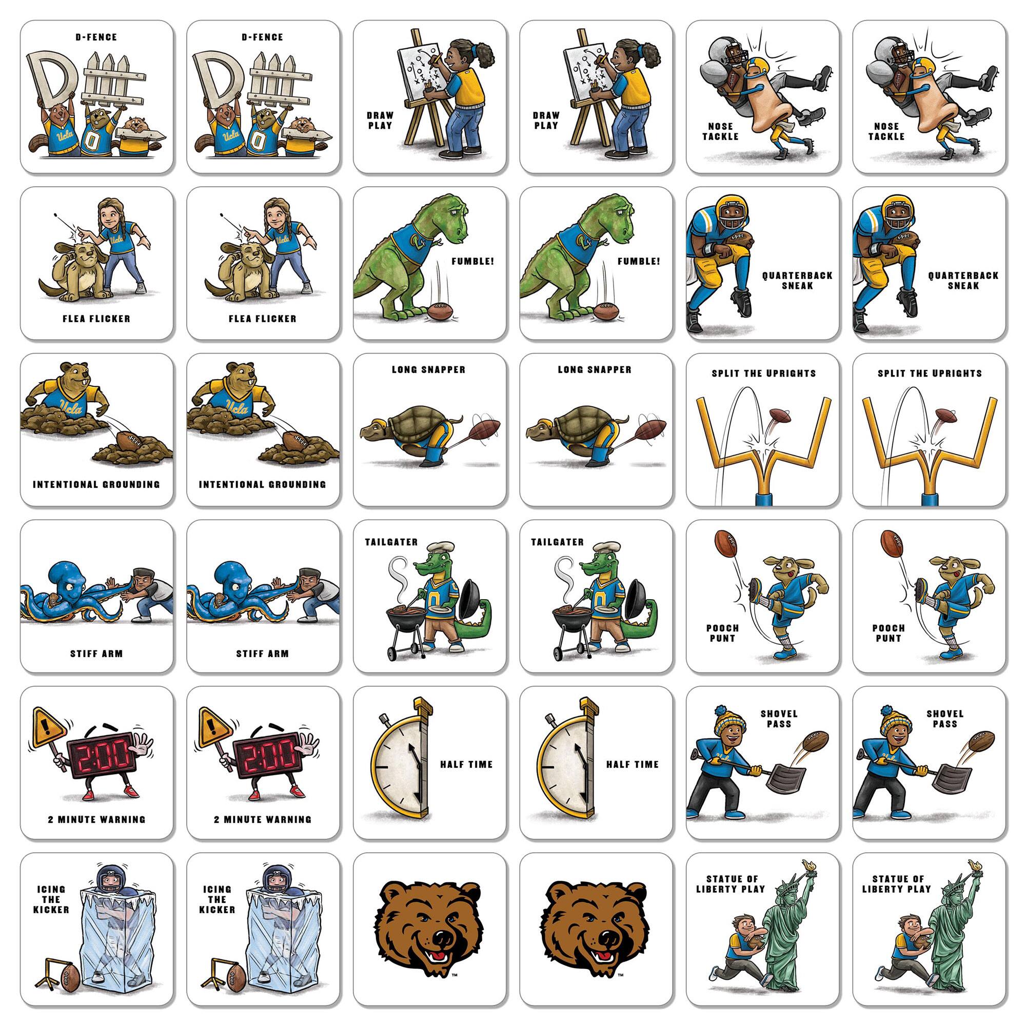 - D-FENCE
- DRAW PLAY
- NOSE TACKLE
- FUMBLE!
- FLEA FLICKER
- LONG SNAPPER
- INTENTIONAL GROUNDING
- STIFF ARM
- POACH PUNT
- 2 MINUTE WARNING
- HALF TIME
- ICING THE KICKER
- STATUE OF LIBERTY PLAY
- TAILGATER
- SPLIT THE UPRIGHTS
- QUARTERBACK SNEAK
- POACH PASS