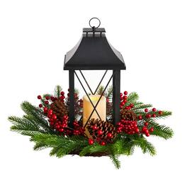 BreeBe - 16” Christmas Lantern with Berries and Pinecones - Green