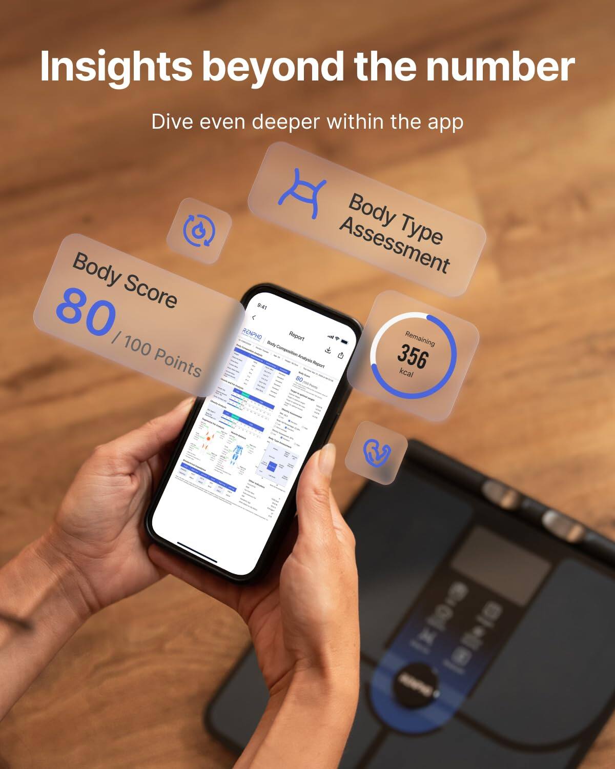 Insights beyond the number  
Dive even deeper within the app  

Body Type Assessment  
Body Score 80 / 100 Points  

Remaining 356 kcal