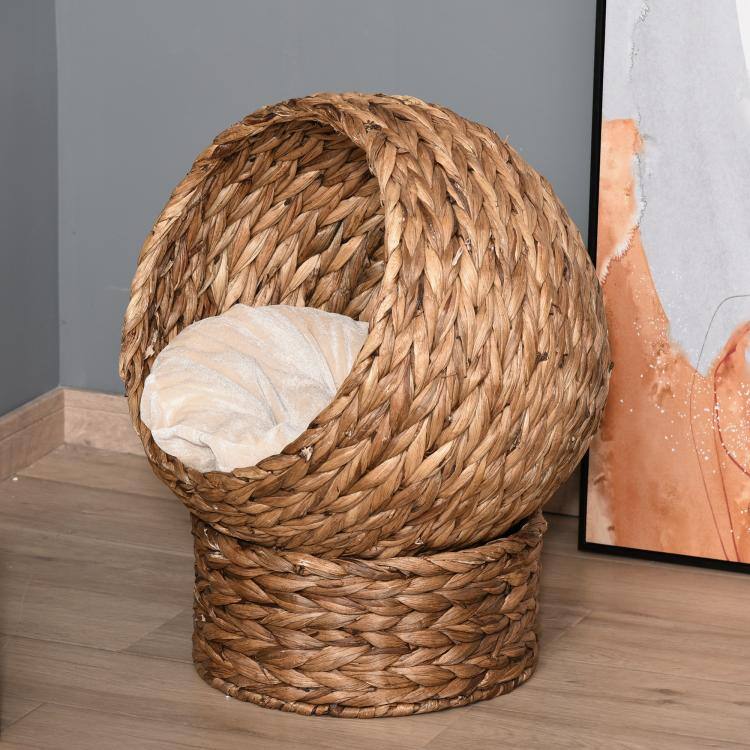 Alt View 2. PULUZ - Handwoven Elevated Cat Bed with Soft Cushion & Egg Chair Shape, Basket Bed Kitty House with Stand, Raised Wicker House f - Light Brown.