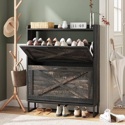 Front. ThinkLink Electronic - Shoe Storage Cabinet With 2 Flip Drawers Freestanding Organizer Metal For Entryway Narrow Rack Rustic - Dark Rustic Oak 2-Drawers.