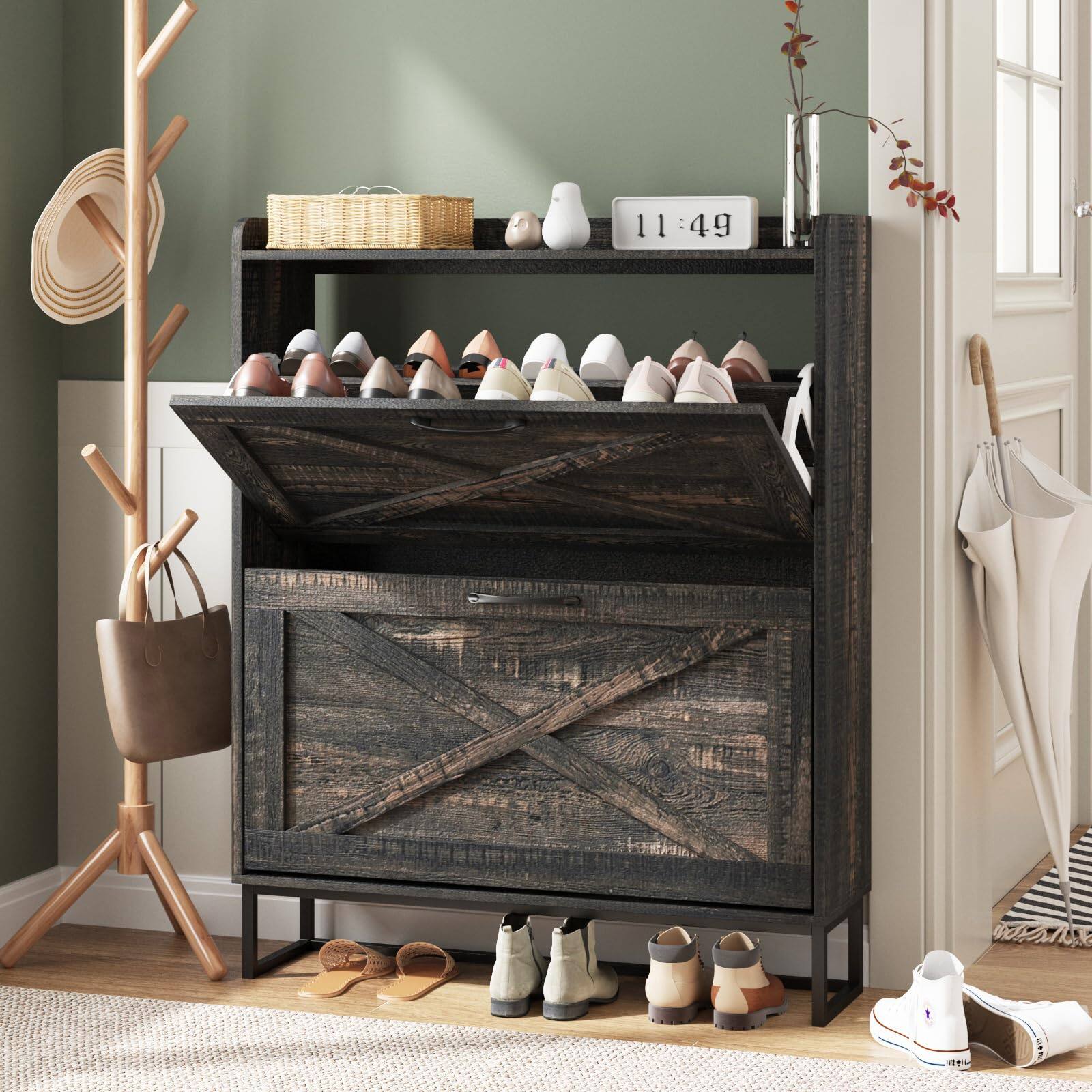 Front. ThinkLink Electronic - Shoe Storage Cabinet With 2 Flip Drawers Freestanding Organizer Metal For Entryway Narrow Rack Rustic - Dark Rustic Oak 2-Drawers.