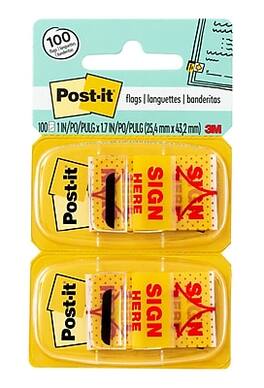 Post-it - 'Sign Here' Message Flags, 1" Wide, 100 Flags/Pack - Yellow