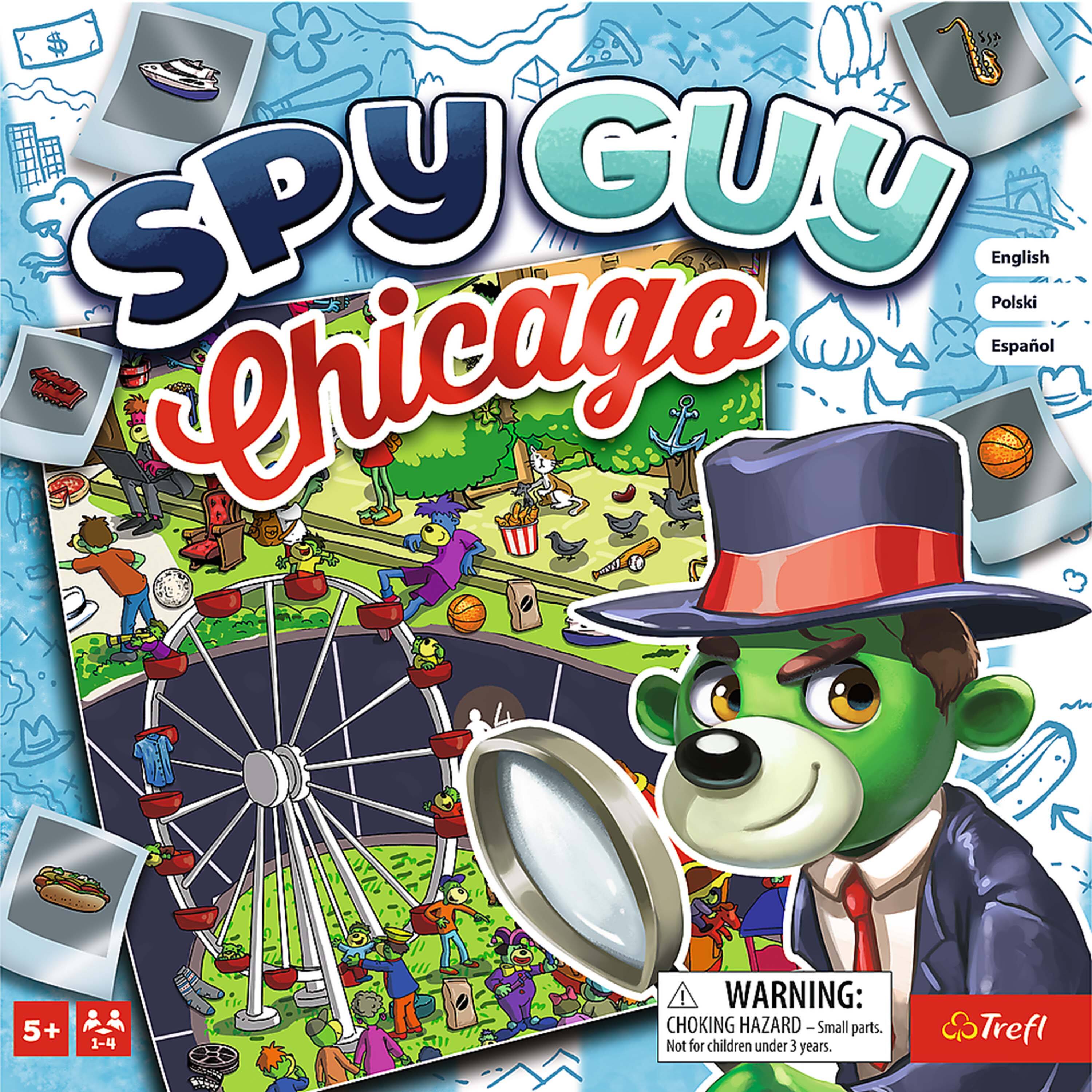 Sure, here is the corrected and grouped text from the image:

---

**SPY GUY Chicago**

**Languages:**
- English
- Polski
- Español

**Age Recommendation:**
- 5+

**Number of Players:**
- 2-4

**Warning:**
- CHOKING HAZARD – Small parts. Not for children under 3 years.

**Brand:**
- Trefl

---