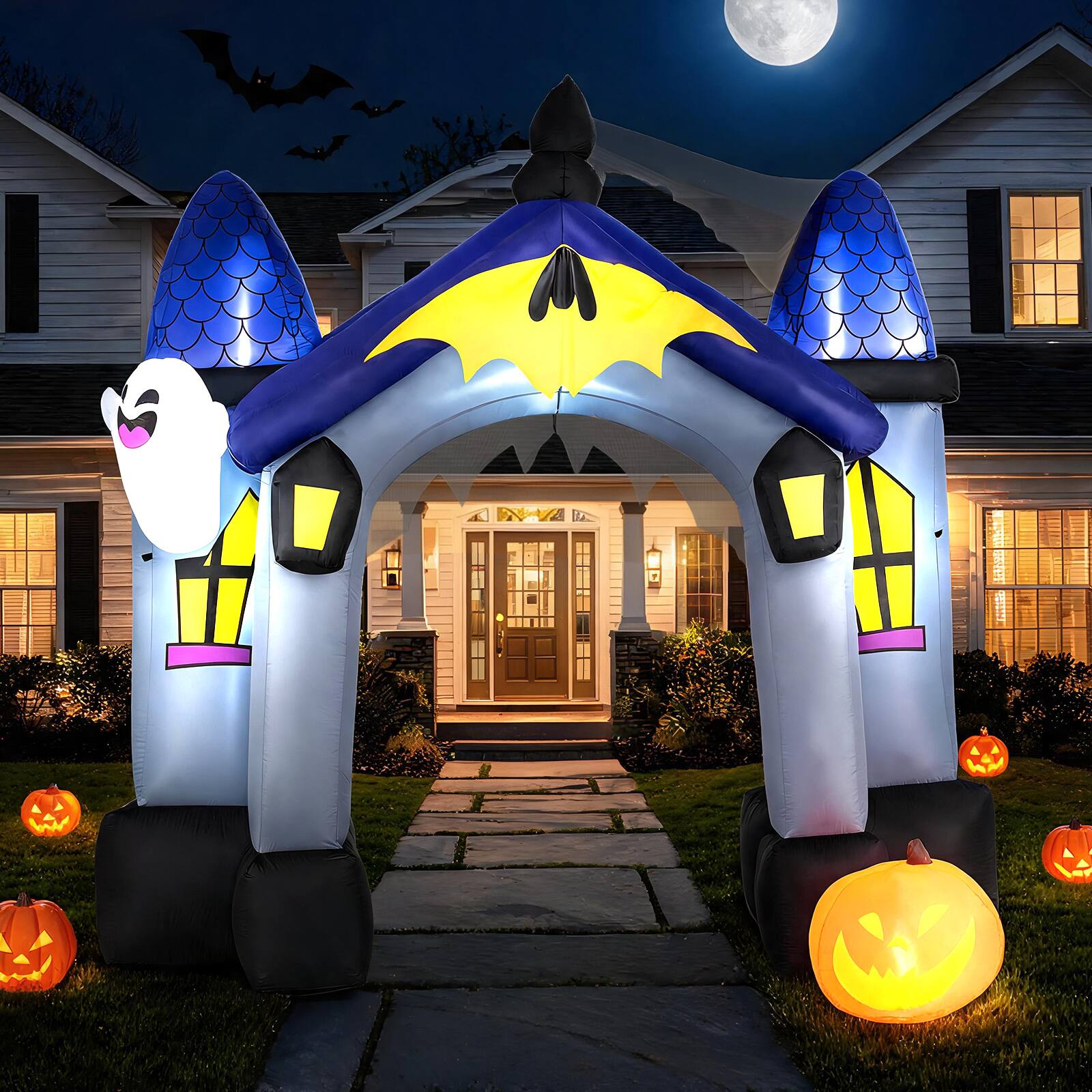 Alt View 3. Costway - Costway 9 FT Halloween Inflatable Archway with LED Lights, Ghost & Pumpkin, Built-in Blower - Multicolor.