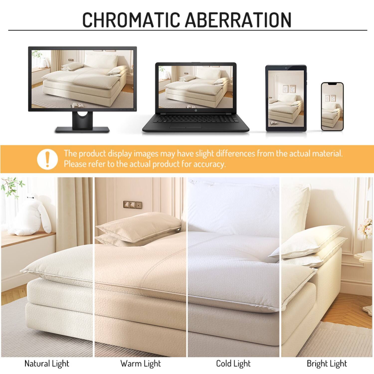 CHROMATIC ABERRATION

The product display images may have slight differences from the actual material. Please refer to the actual product for accuracy.

Natural Light  
Warm Light  
Cold Light  
Bright Light