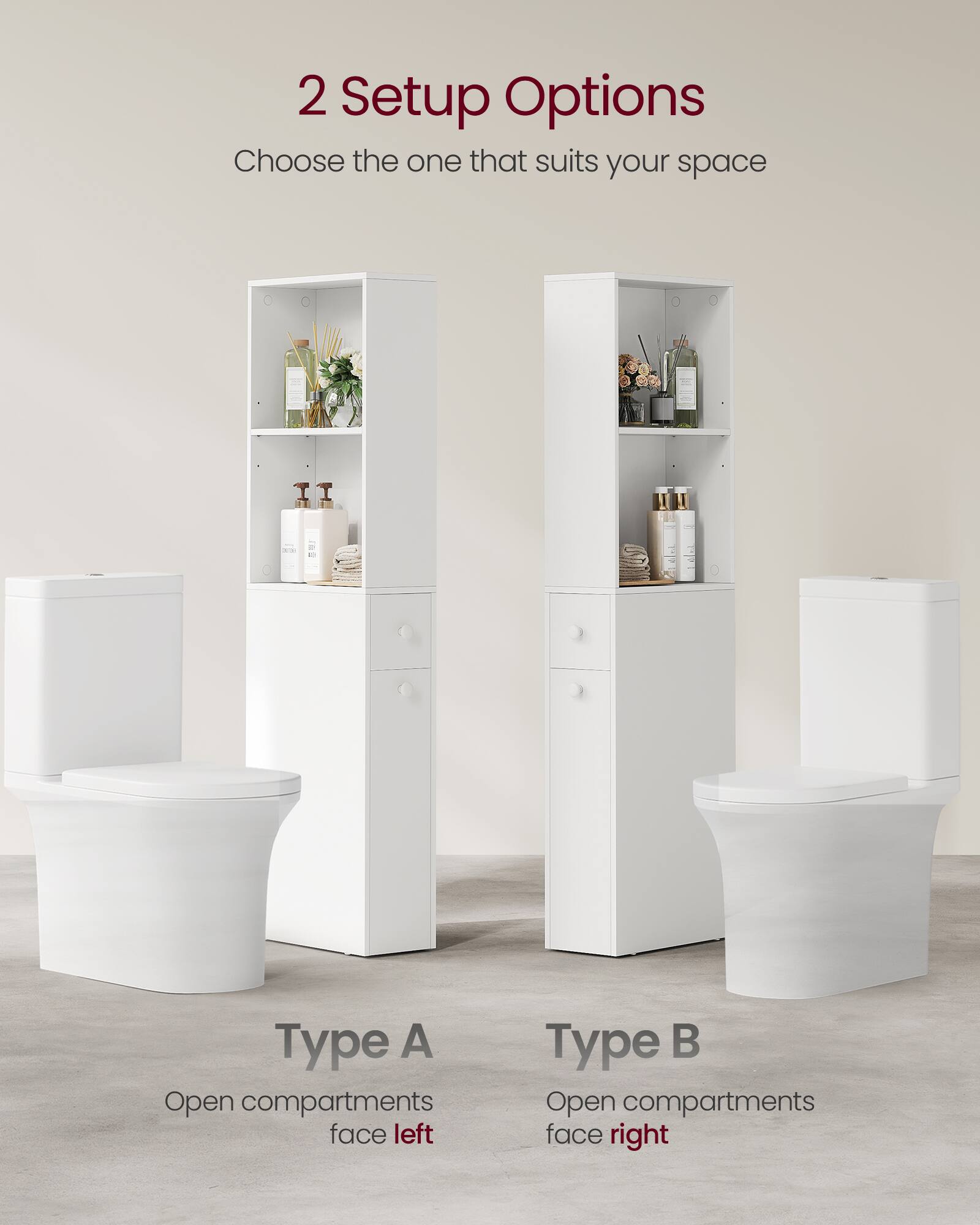 2 Setup Options  
Choose the one that suits your space:  
- Type A: Open compartments face left  
- Type B: Open compartments face right