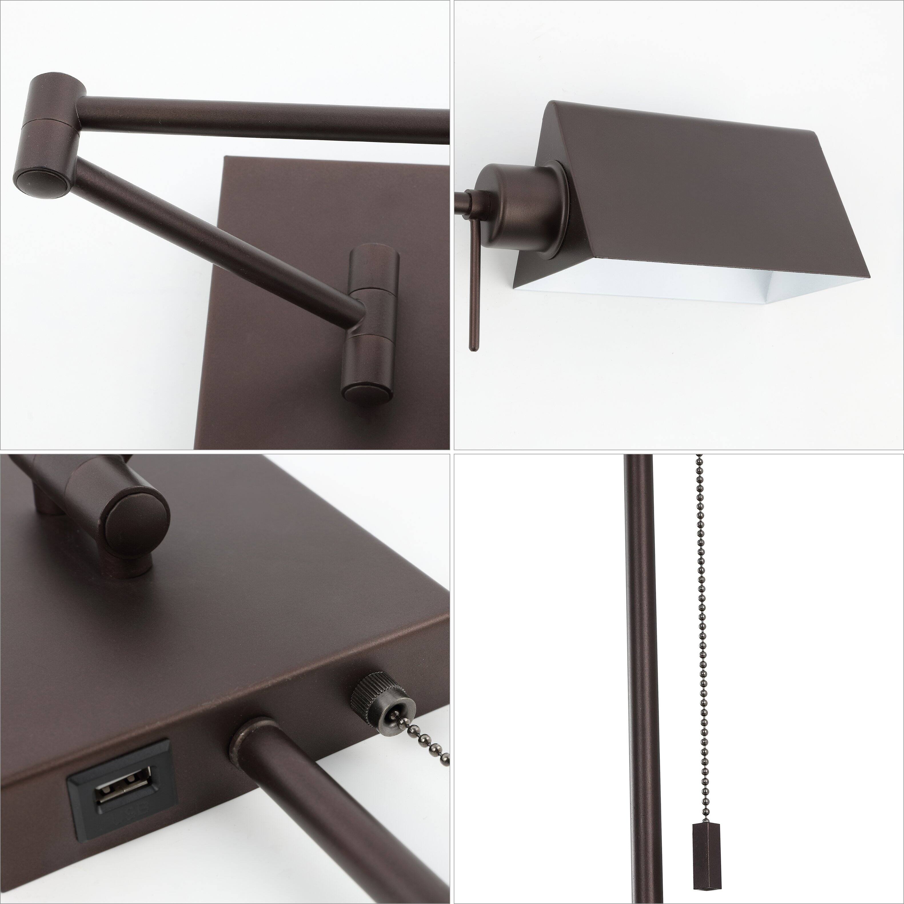 Alt View 5. Jonathan Y - Arlo 22" Single Swing Arm Plug-In or Hardwired Iron LED Wall Sconce with Pull-Chain USB Charging Port, Oil Rubbed Bronze - Oil Rubbed Bronze.