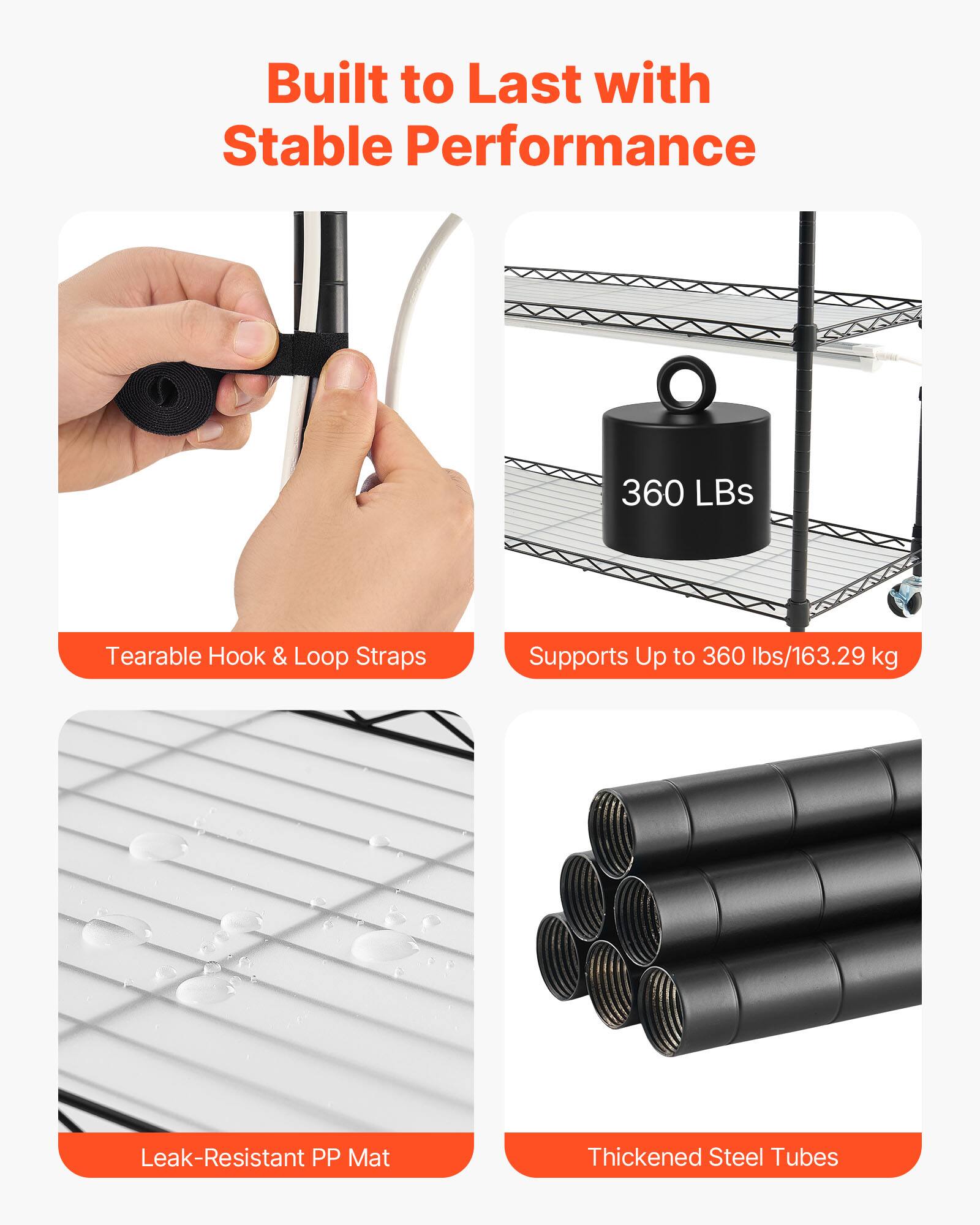 Built to Last with Stable Performance

- Tearable Hook & Loop Straps
- Supports Up to 360 lbs/163.29 kg
- Leak-Resistant PP Mat
- Thickened Steel Tubes
