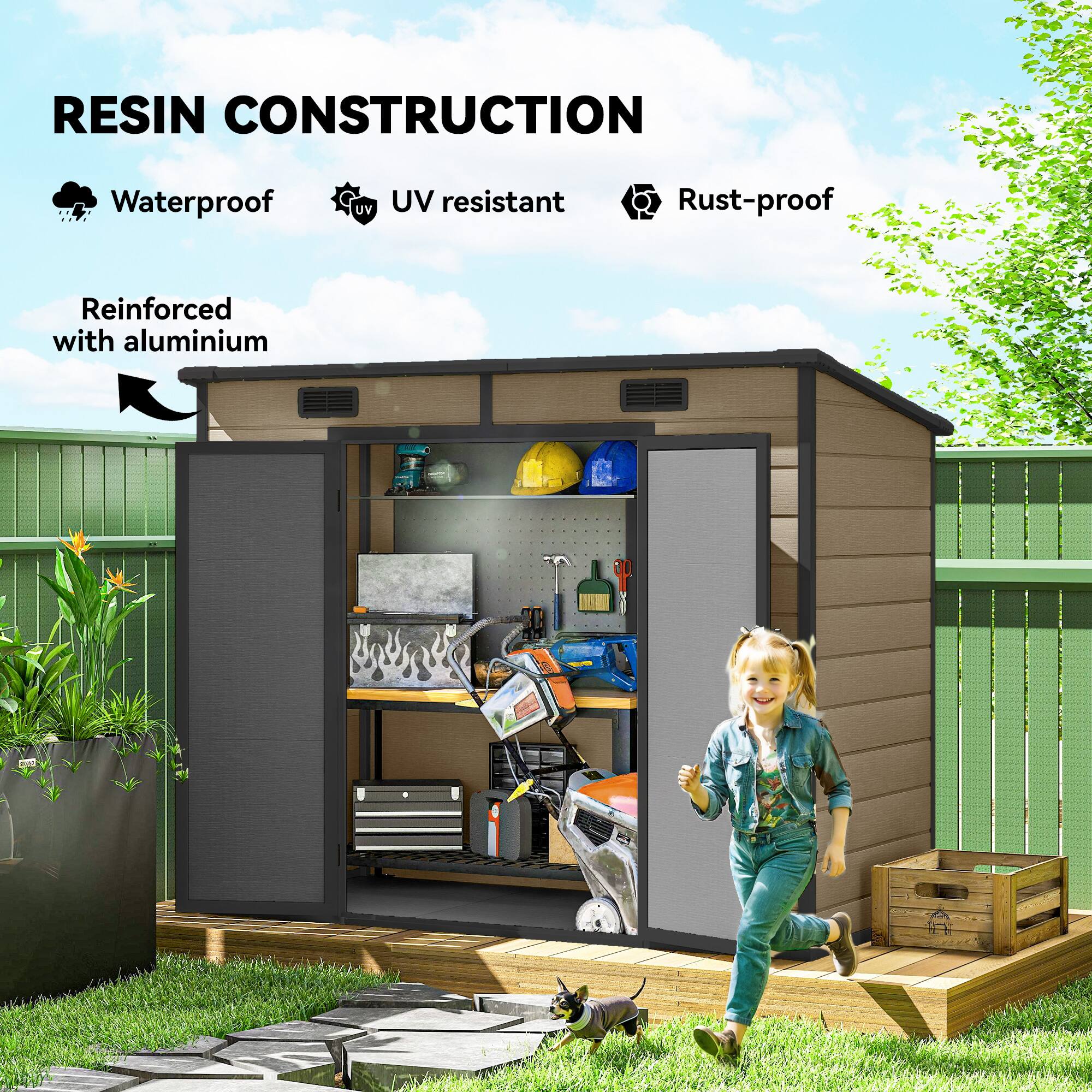 RESIN CONSTRUCTION  
- Waterproof  
- UV resistant  
- Rust-proof  
- Reinforced with aluminium