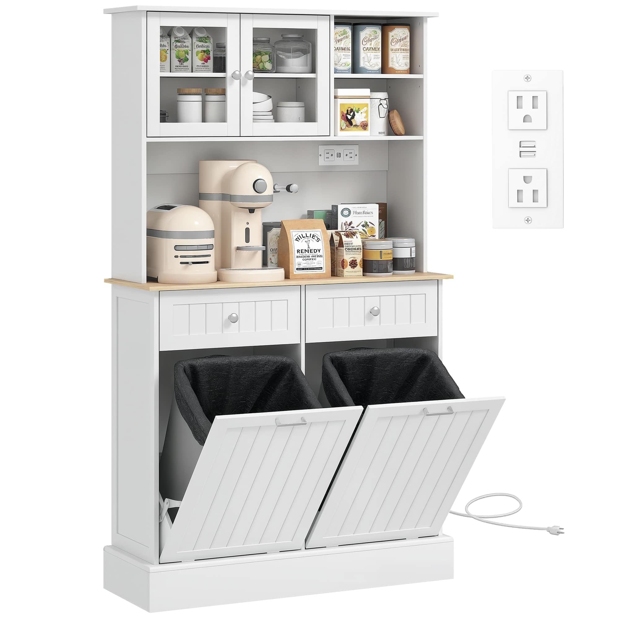 Homcom - 68" Kitchen Pantry Storage Cabinet with Charging Station, Microwave Cabinet with Tilt Out 10 Gallon Trash Can and Drawer - White