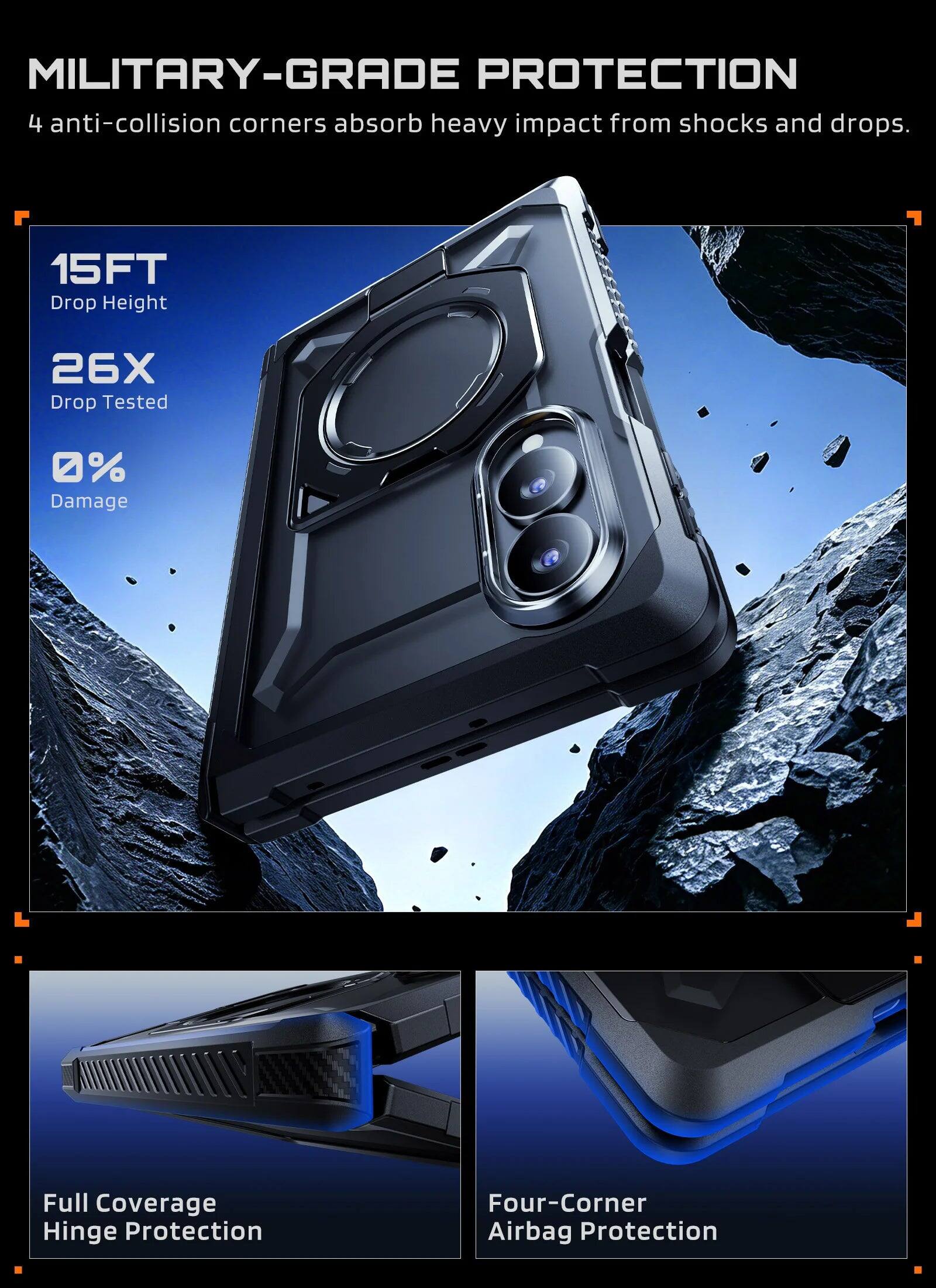 MILITARY-GRADE PROTECTION

4 anti-collision corners absorb heavy impact from shocks and drops.

15FT Drop Height
26X Drop Tested
0% Damage

Full Coverage Hinge Protection
Four-Corner Airbag Protection