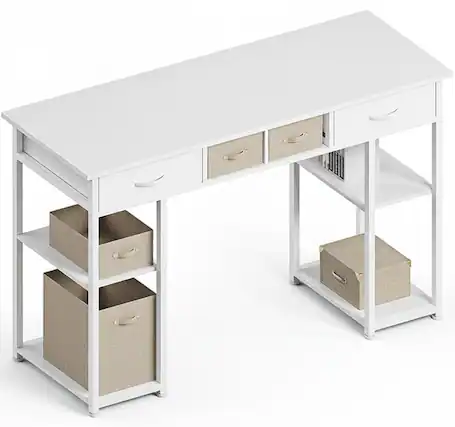 Front. AOITUN - 48 Inch White Computer Desk, Modern Office Writing Table with 2 Drawers, Storage Shelves for Home & Gaming - White.