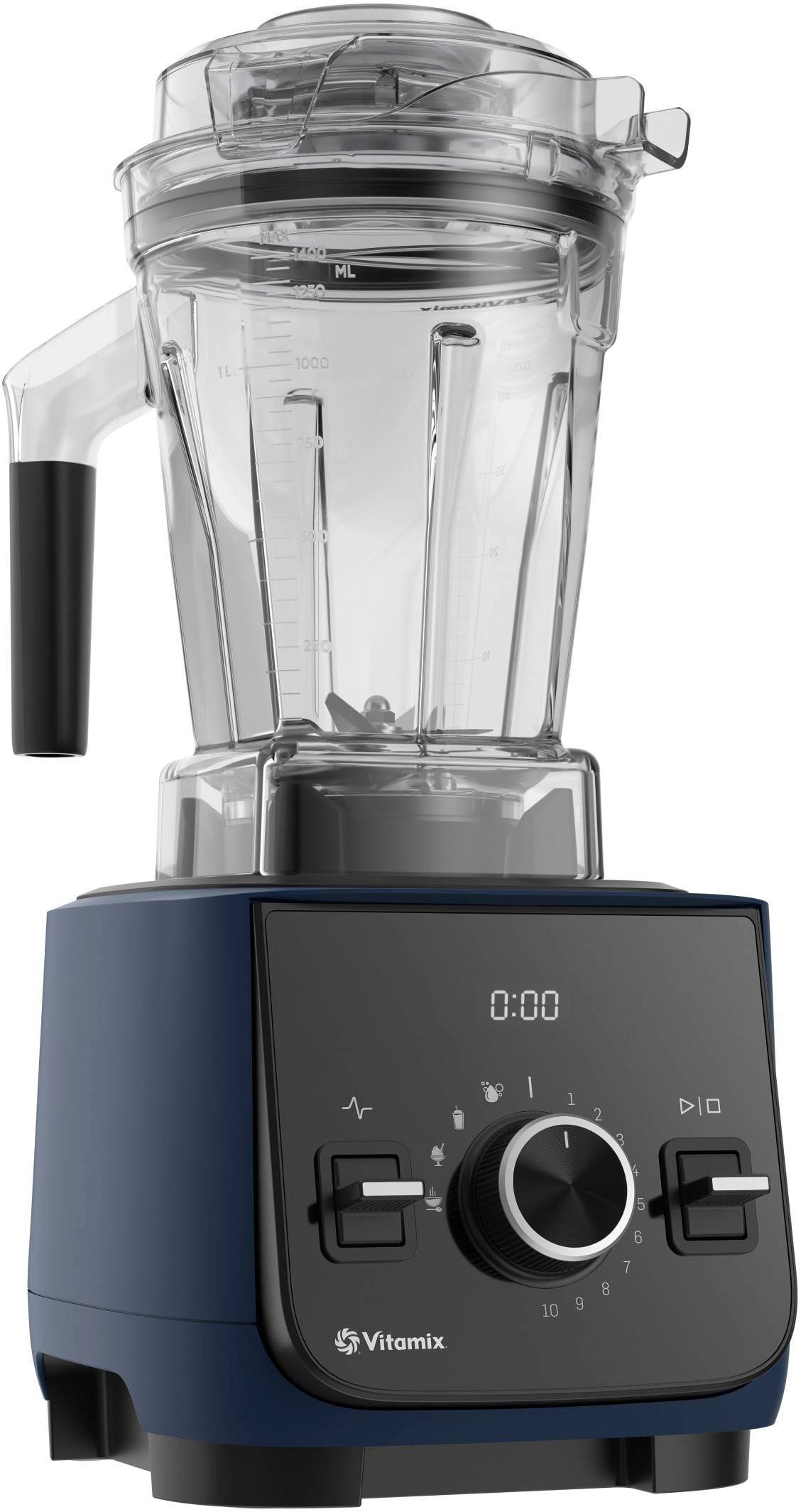 The image features a Vitamix blender with a clear container. The blender is set to 140 ml, which is the lowest setting. It has a 1250 watt motor, and it can hold 1 liter of liquid. The blender has a 1000 ml container, and it can blend at speeds of 7500 RPM. The blender is made by Vitamix, and it has a 10-year warranty.
