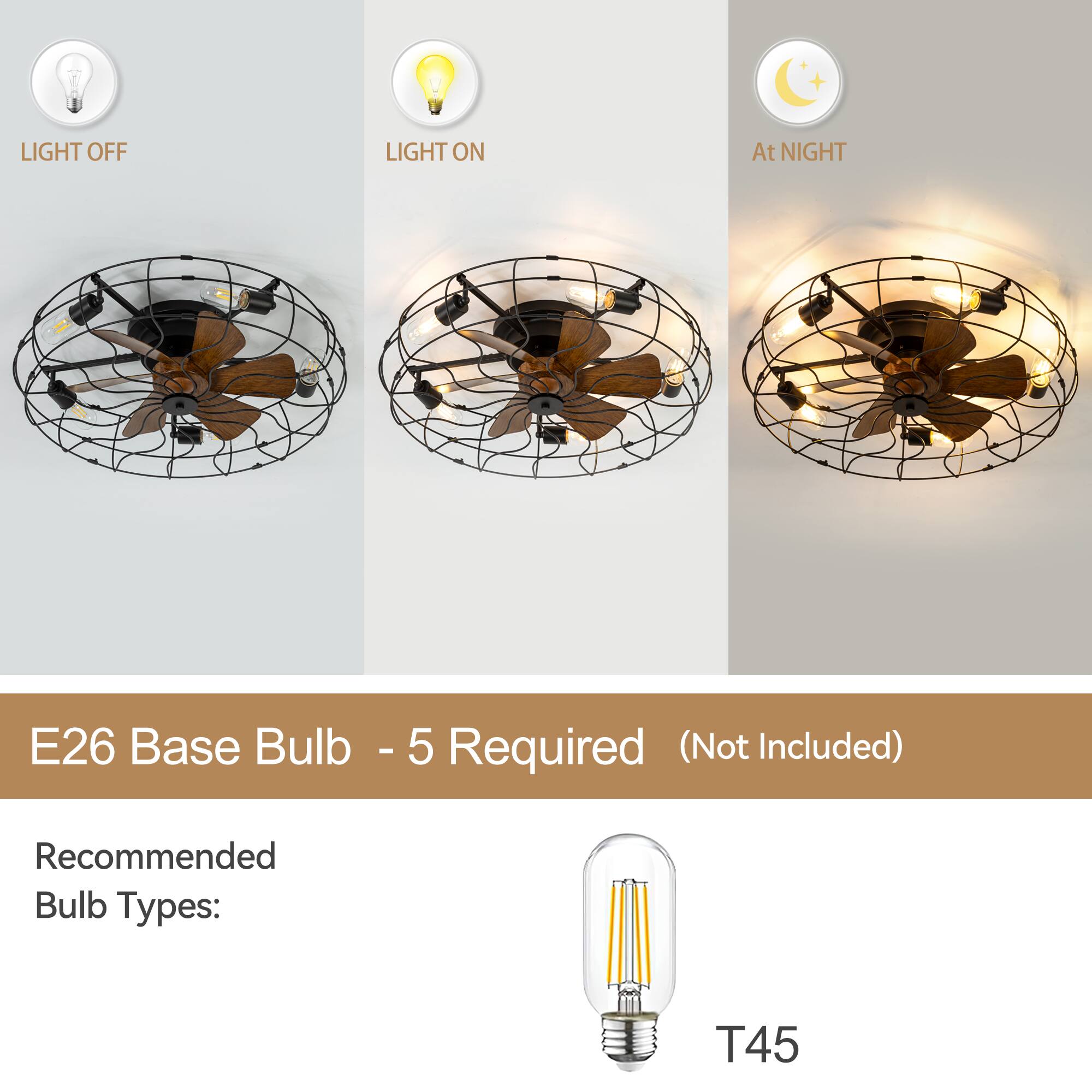 LIGHT OFF LIGHT ON At NIGHT

E26 Base Bulb - 5 Required (Not Included)

Recommended Bulb Types: T45