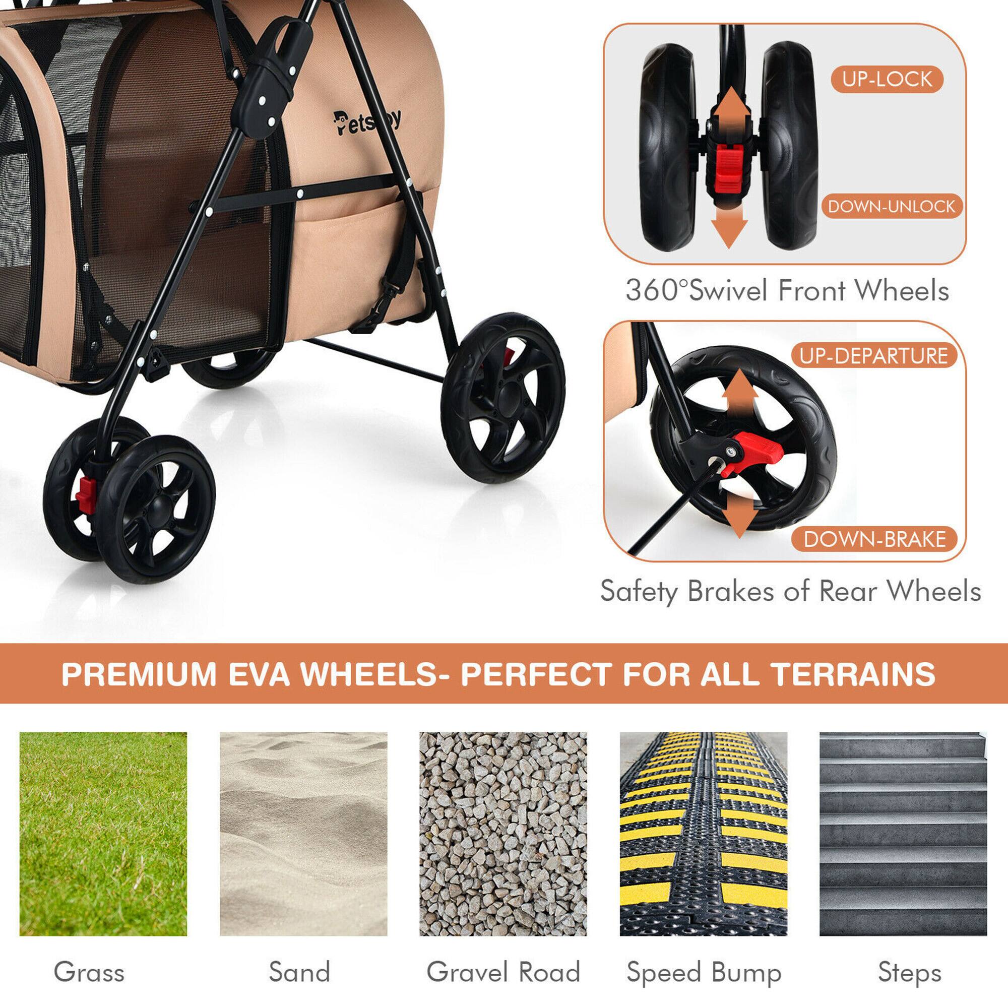 UP-LOCK  
DOWN-UNLOCK  

360° Swivel Front Wheels  

UP-DEPARTURE  
DOWN-BRAKE  

Safety Brakes of Rear Wheels  

PREMIUM EVA WHEELS - PERFECT FOR ALL TERRAINS  

Grass  
Sand  
Gravel Road  
Speed Bump  
Steps