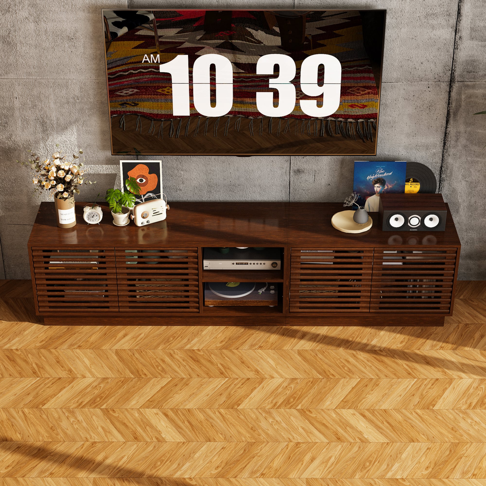 Front. Famapy - Walnut TV Stand for 80 Inch TV, Mid-Century Media Console with Cable Management & Louvered Doors, Vintage Storage Cabine - Walnut.