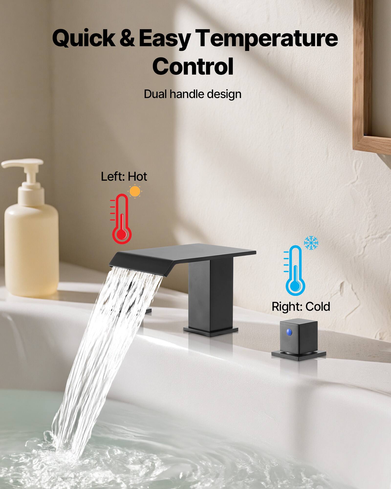 Quick & Easy Temperature Control  
Dual handle design  

Left: Hot  
Right: Cold