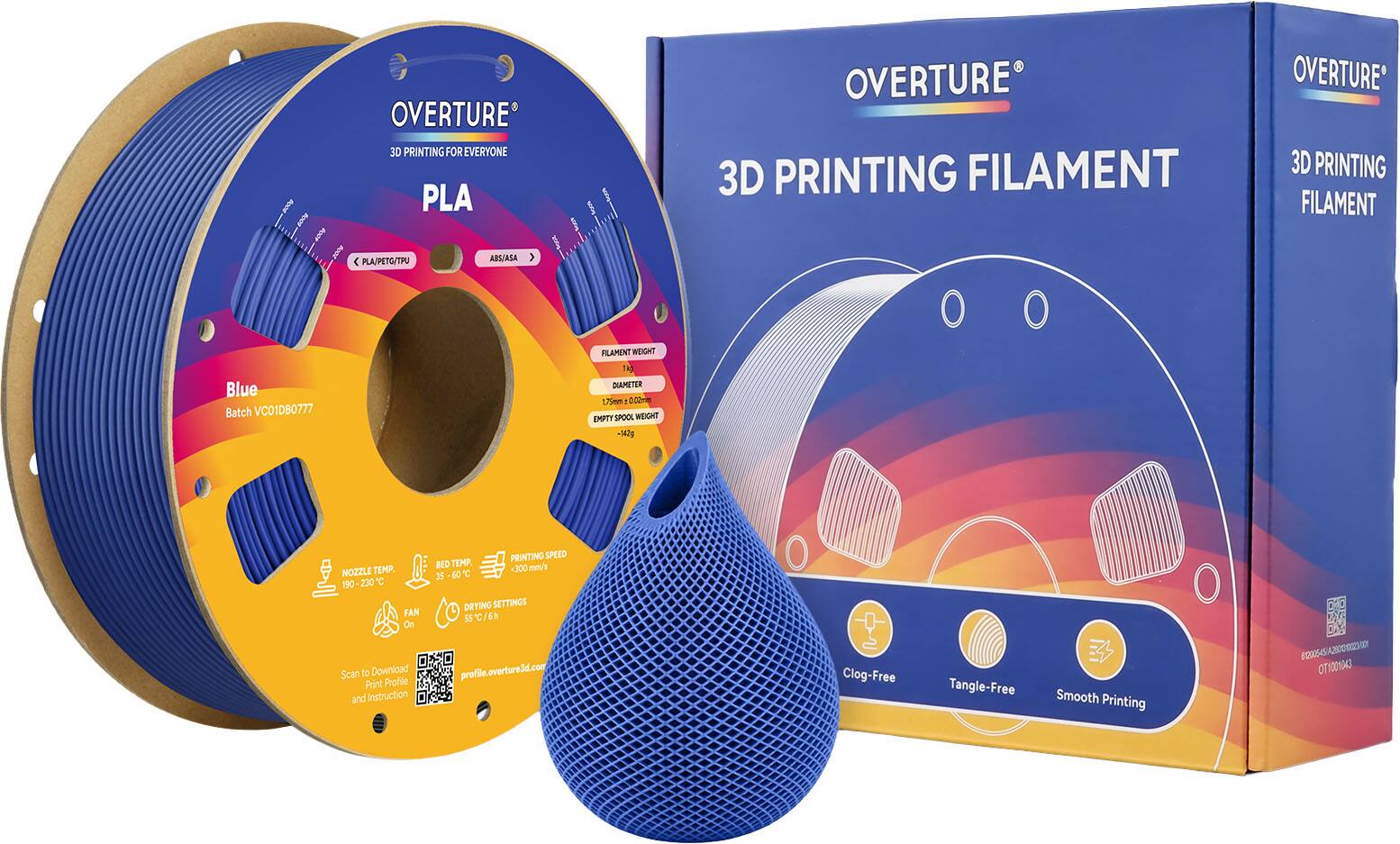 OVERTURE 3D PRINTING FOR EVERYONE PLA OVERTURE 3D PRINTING FILAMENT OVERTURE 3D PRINTING FILAMENT 200 < PLA/PETG/TPU ABS/ASA Blue Batch VCO1DB0777 FILAMENT WEIGHT 1kg DIAMETER 1.75mm NOZZLE TEMP. 190-230°C FAN On Scan 1a Download Print Profile and Instruction PRINTING SPEED BED TEMP. 60°C DRYING SETTINGS 55°C/6h profile.overture3d.com Clog-Free Tangle-Free Smooth Printing 06AS/A250023 01200645 CAITODITO