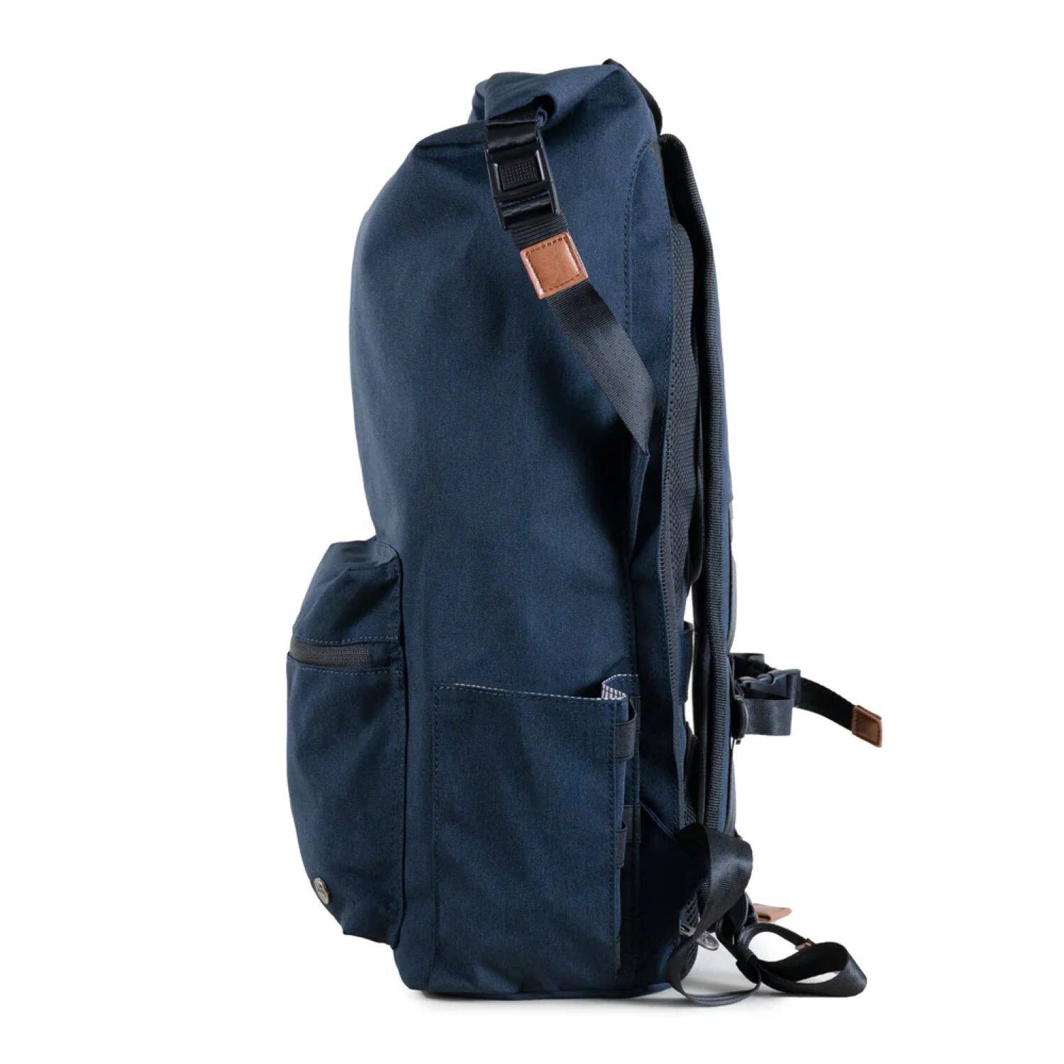 Left. PKG - Dawson Recycled Roll Top Backpack - Navy Tan.