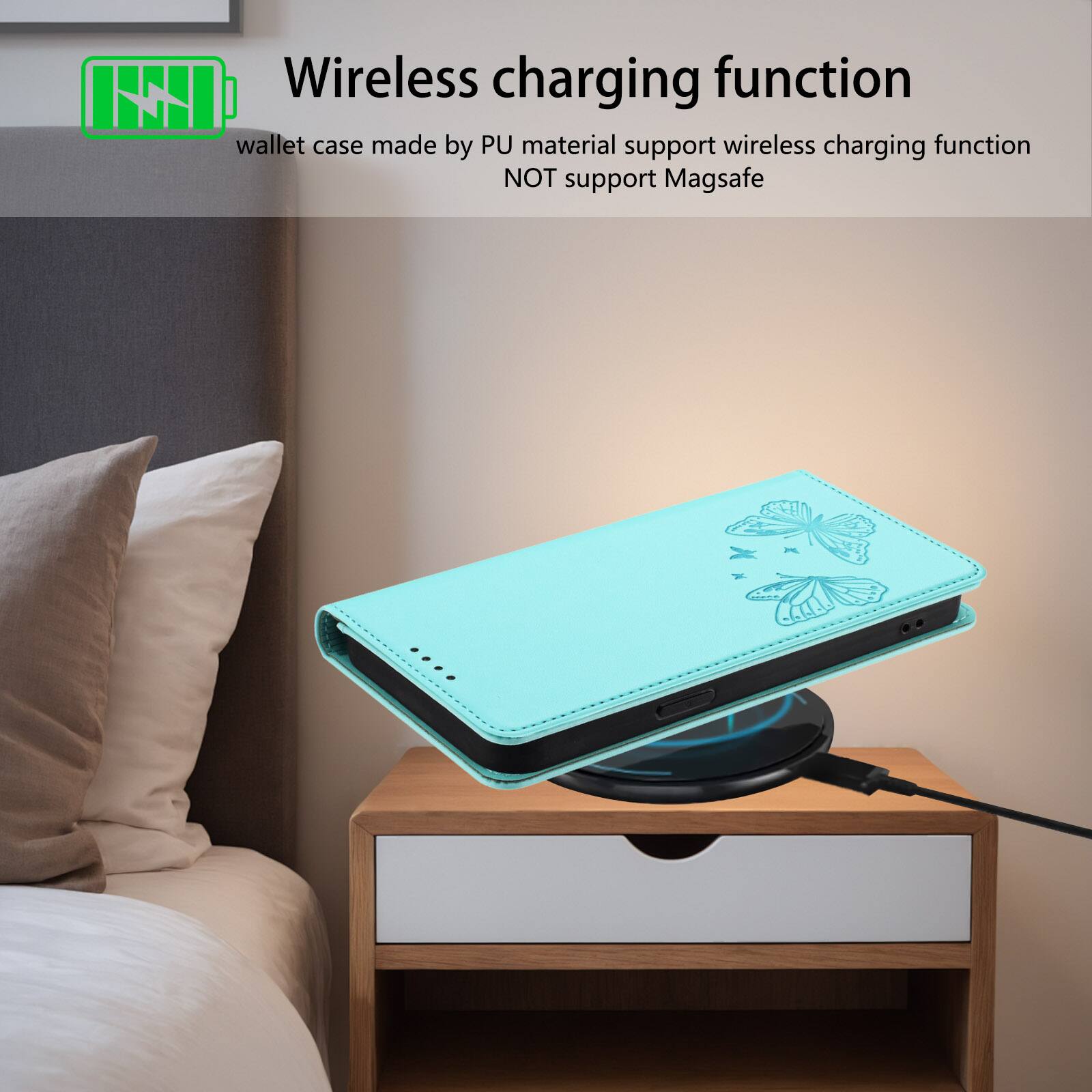 Wireless charging function

wallet case made by PU material support wireless charging function NOT support Magsafe