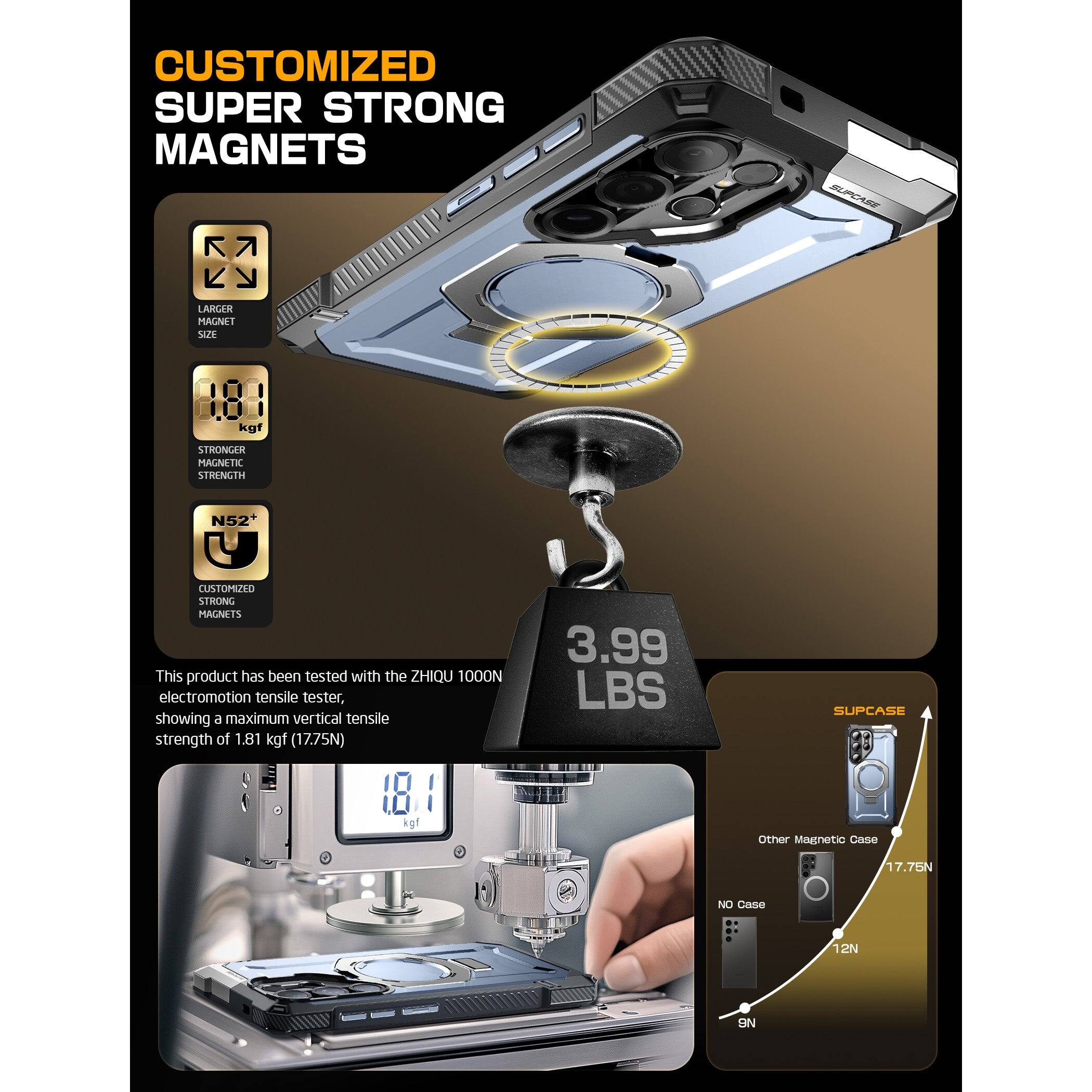 **CUSTOMIZED SUPER STRONG MAGNETS**

- **LARGER MAGNET SIZE**
- **1.81 kgf**
- **STRONGER MAGNET STRENGTH**
- **N52+**
- **CUSTOMIZED STRONG MAGNETS**

This product has been tested with the ZHIQU 1000N electromotion tensile tester, showing a maximum vertical tensile strength of 1.81 kgf (17.75N)

**3.99 LBS**

**SUPCASE**

- **Other Magnetic Case**
  - 17.75N
- **NO Case**
  - 12N
- **9N**