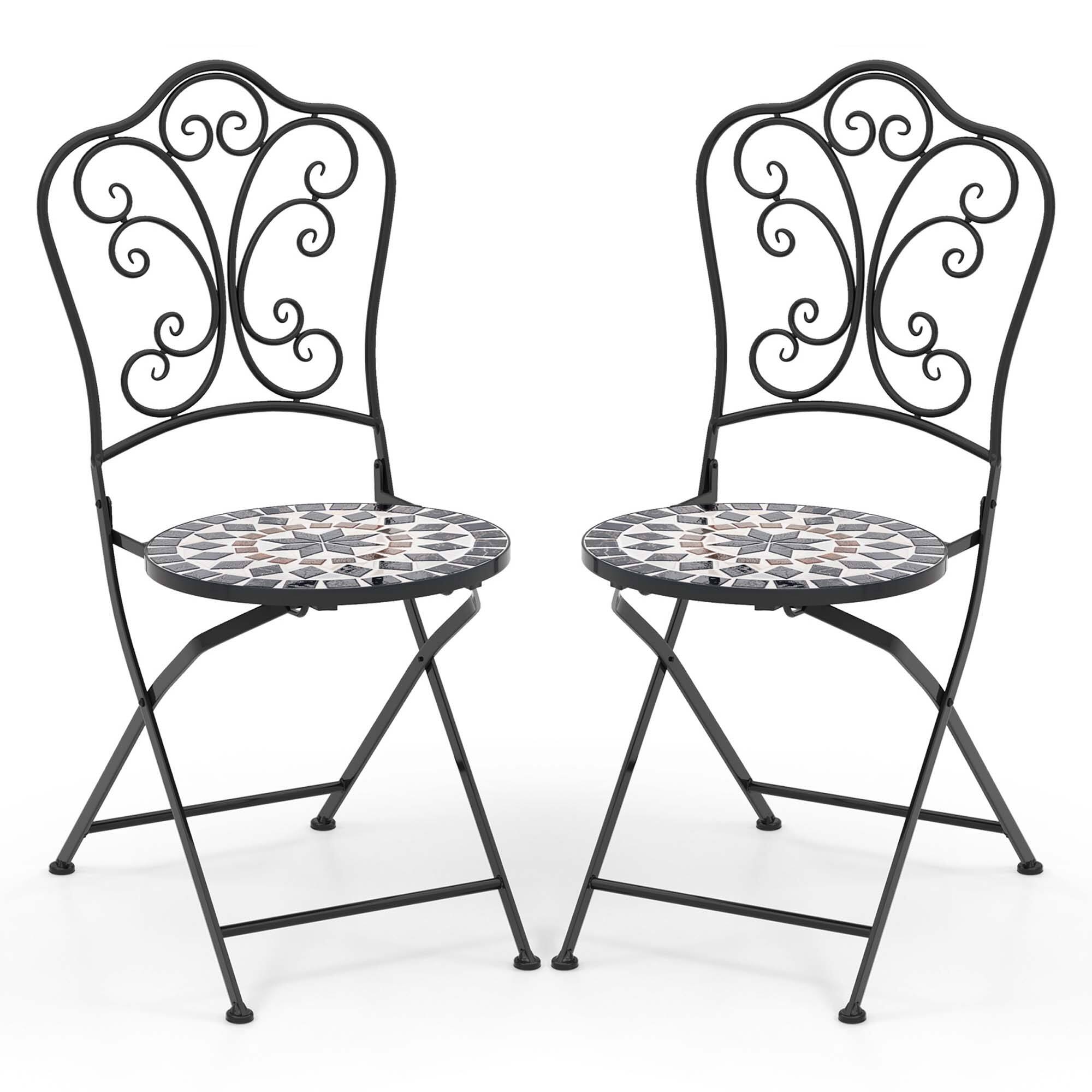 Front. Costway - Set of 2 Mosaic Chairs for Patio with Decorative Backrest Heavy-Duty Frame - Black.