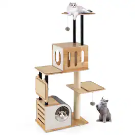 Gymax - Wood Cat Tree w/Dual Cat Condos Sturdy Metal Tubes Frame Sisal Scratching Posts